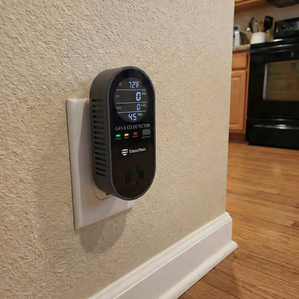 A black Steadfast gas and carbon monoxide detector plugged into a wall outlet in a home.