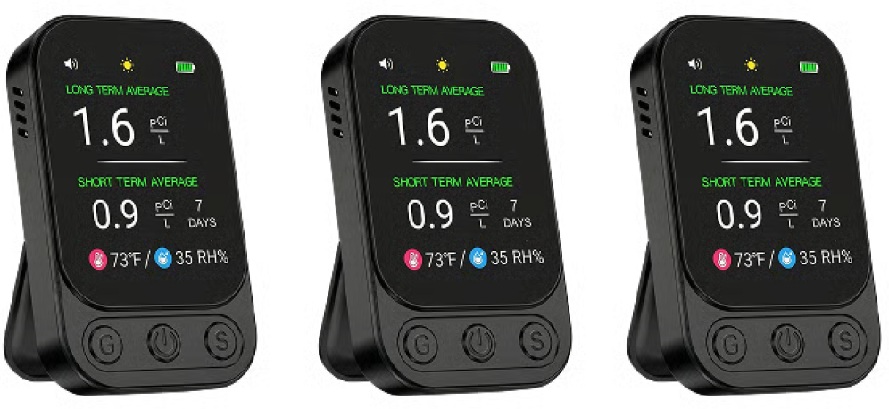 Three identical black digital radon detectors displaying long and short term averages against a white background.
