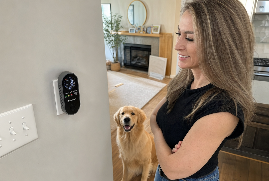 A woman and her dog look at a gas and carbon monoxide detector plugged into a wall.