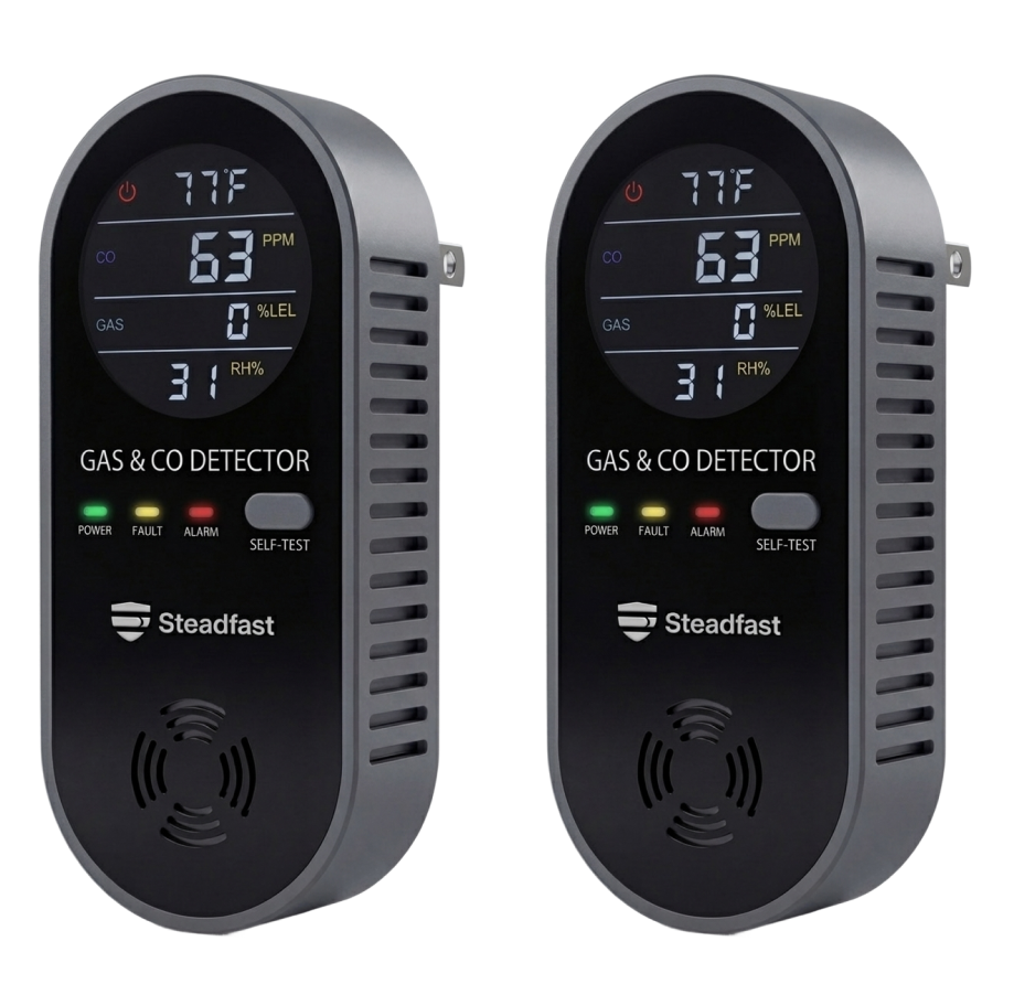 Two black and grey Steadfast brand plug-in gas and carbon monoxide detectors against a white background.