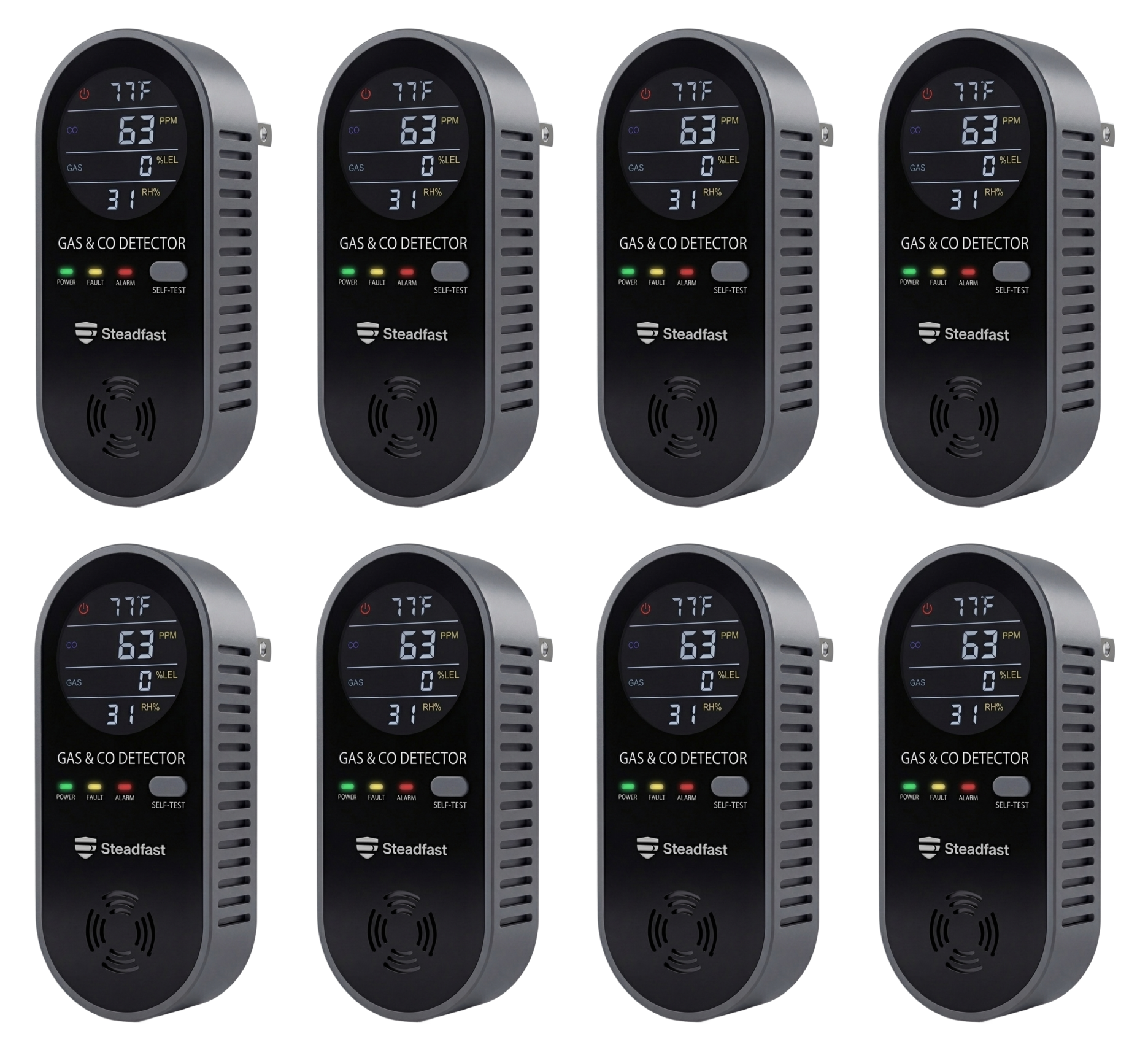 An eight-pack of Steadfast plug-in gas and carbon monoxide detectors with digital displays against a white background.