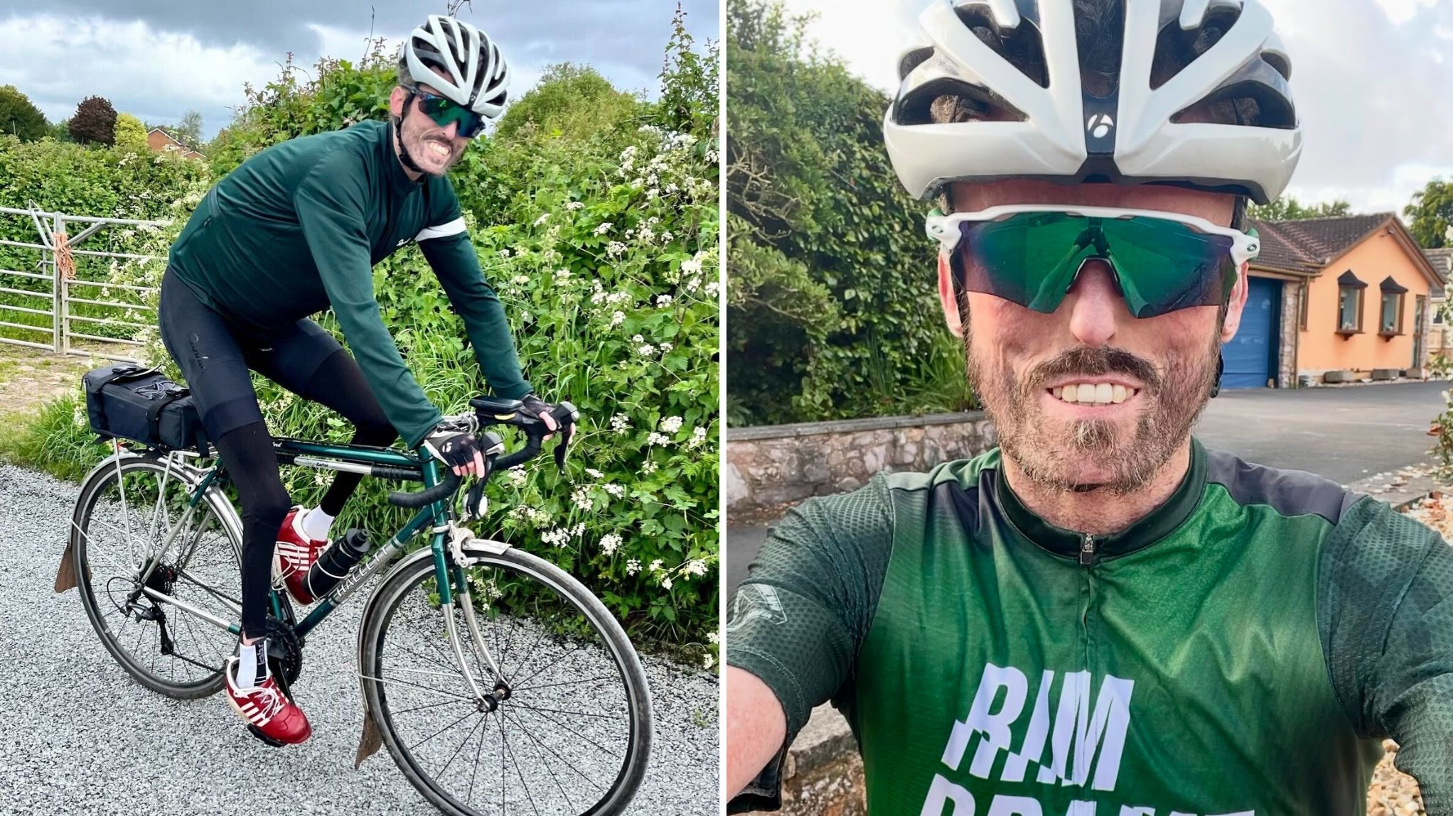 A side-by-side photo of a man in cycling gear on his bike and a close-up selfie.