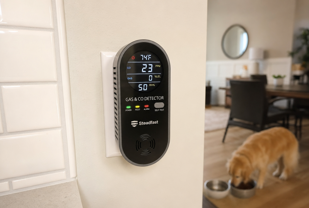 A black gas and CO detector plugged into a wall, with a dog eating in the background.