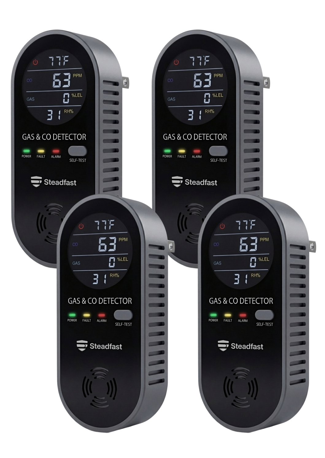 A four-pack of black and grey Steadfast brand plug-in gas and carbon monoxide detectors.