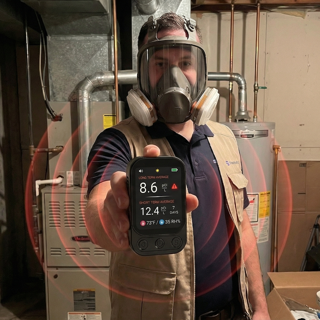 A man in a respirator mask holds up a digital radon detector with high readings in a basement.