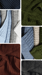 Collage of textured fabric swatches in various colors including blue, green, and brown.