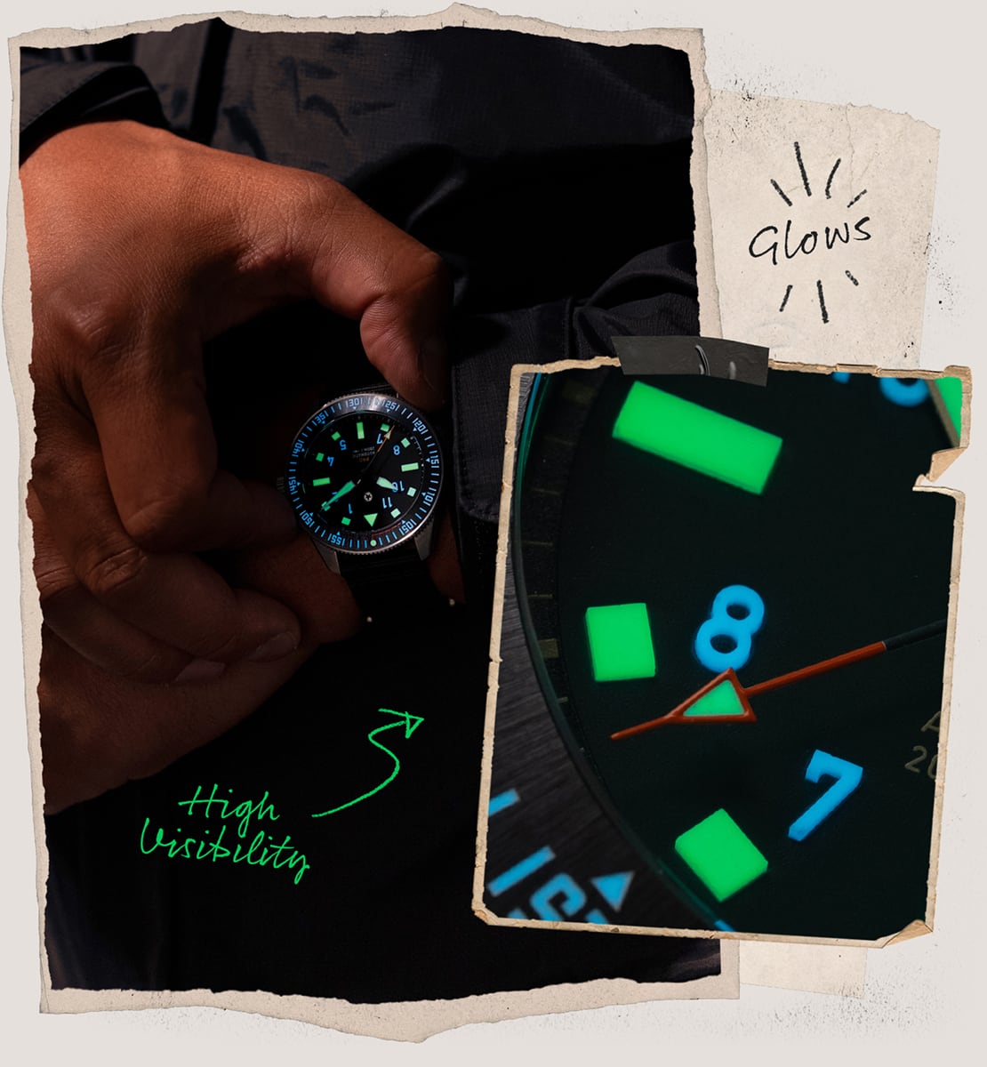 Close-up of a luminous watch face and hands, showing high visibility in the dark.