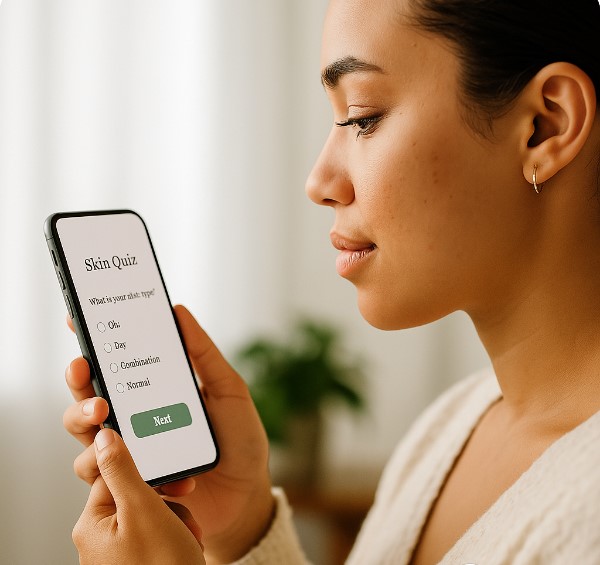 Person holding a phone displaying a skin quiz.