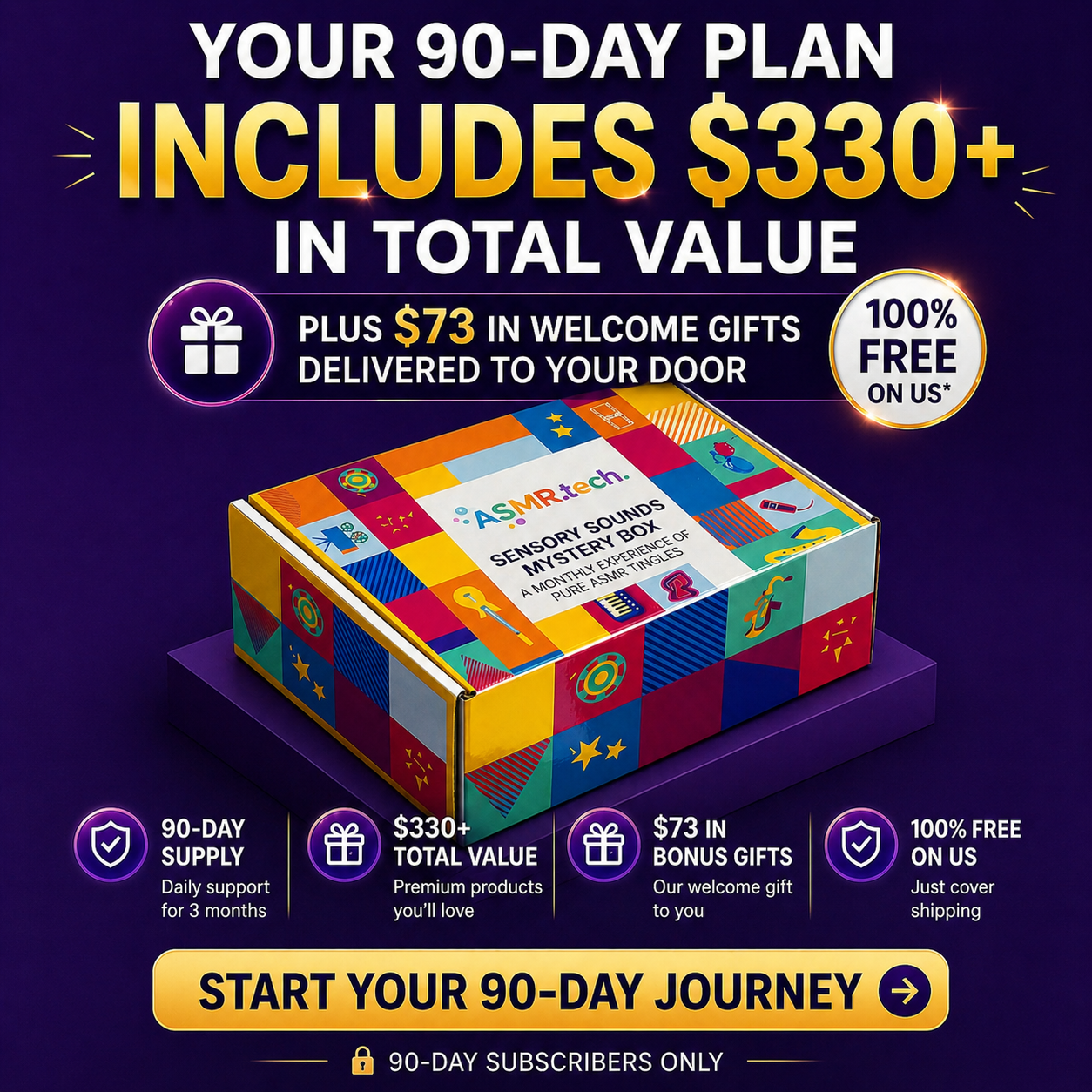 A promotional graphic for a 90-day plan featuring an ASMRtech Sensory Sounds Mystery Box and other benefits.