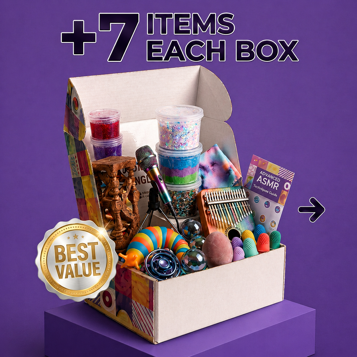 An open box filled with various colorful sensory toys and an ASMR guide, on a purple background.