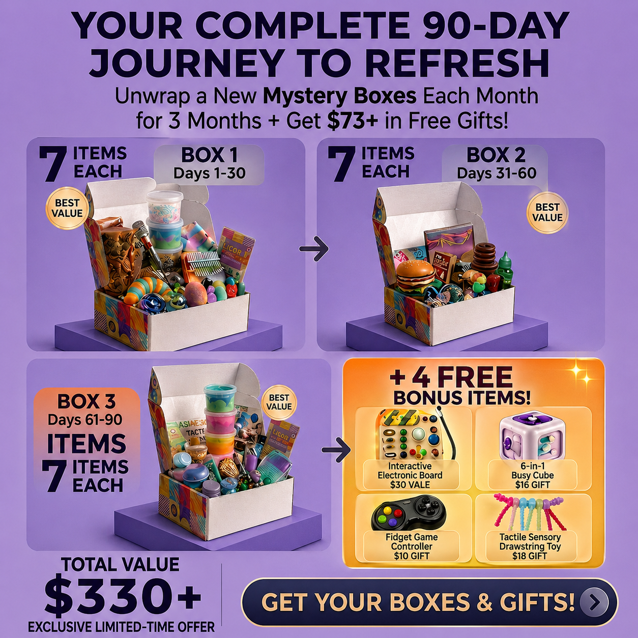 An advertisement for a 90-day subscription showing three mystery boxes of toys and four free bonus items.
