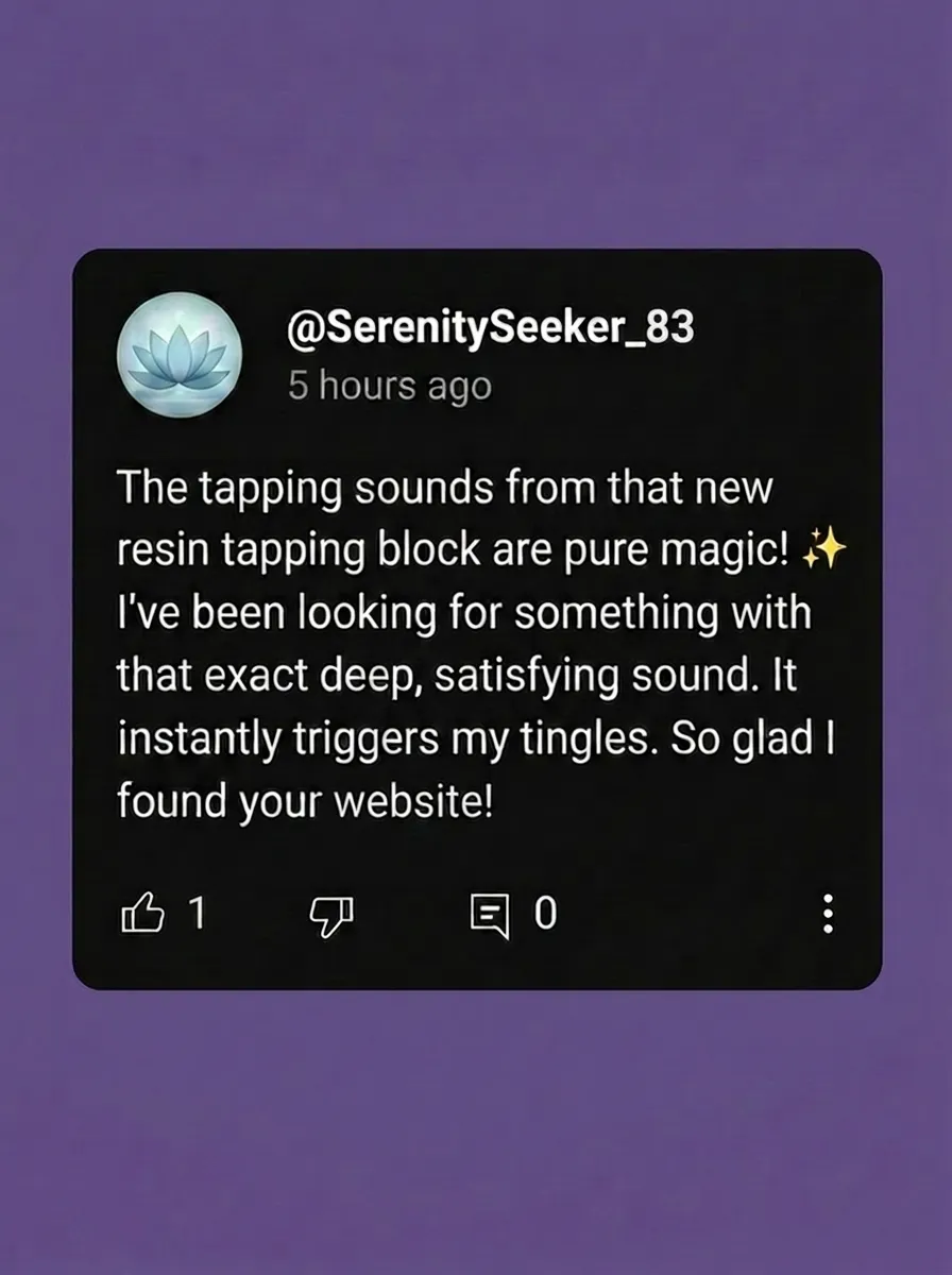 A screenshot of a positive customer review for a resin tapping block on a purple background.