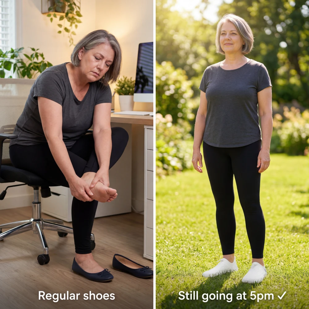 A split image showing a woman with foot pain indoors, contrasted with her standing comfortably outdoors.