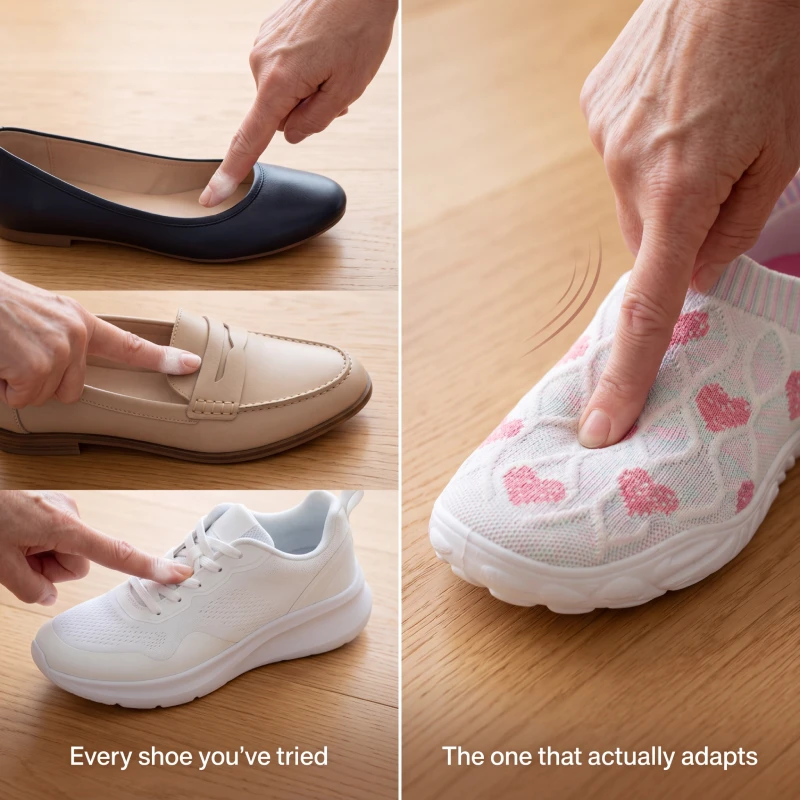 A collage comparing a hand pressing on three rigid shoes versus one flexible, heart-patterned shoe.