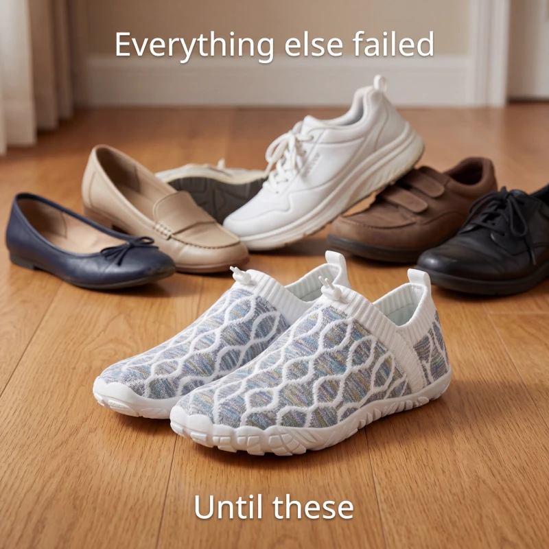 A pair of patterned slip-on sneakers in front of various other shoes on a wooden floor.