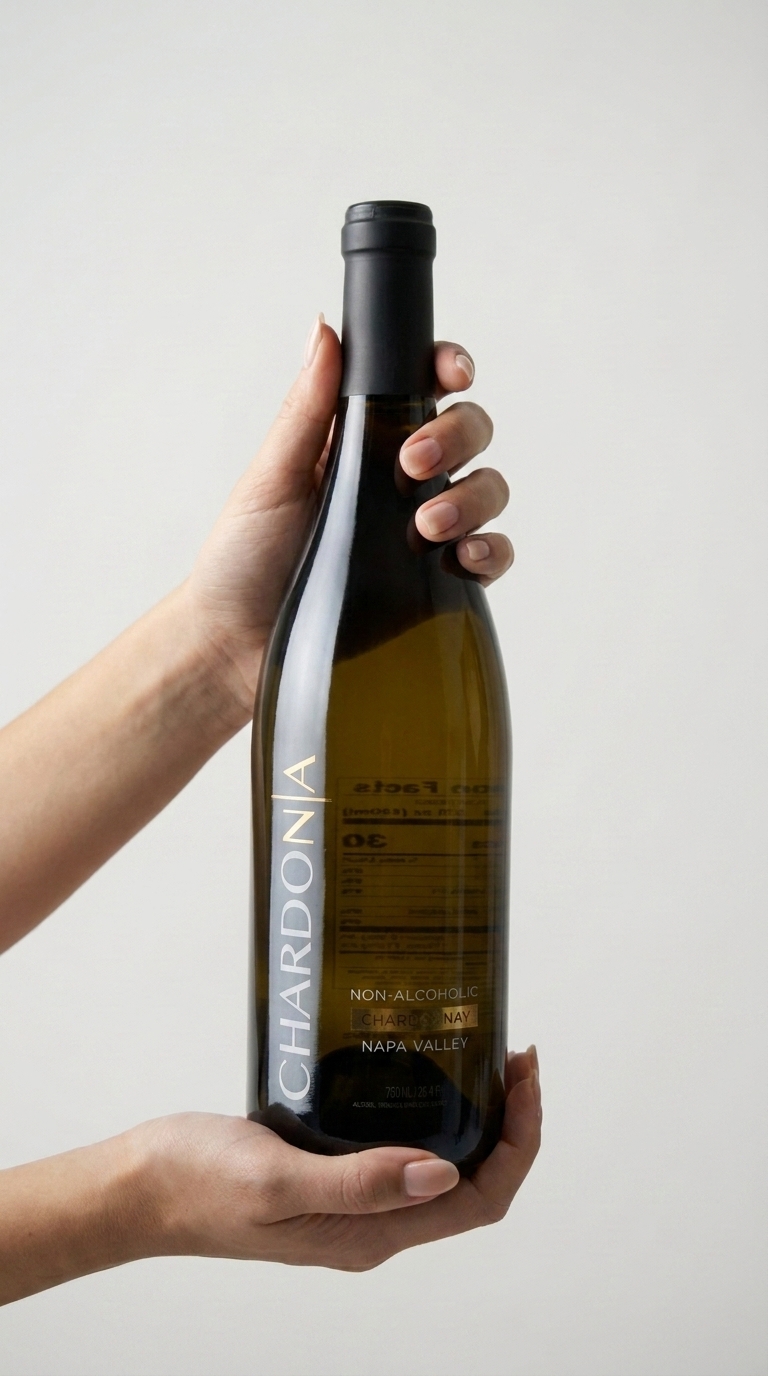 A person's hands holding a bottle of Chardona non-alcoholic Chardonnay against a plain light-colored background.