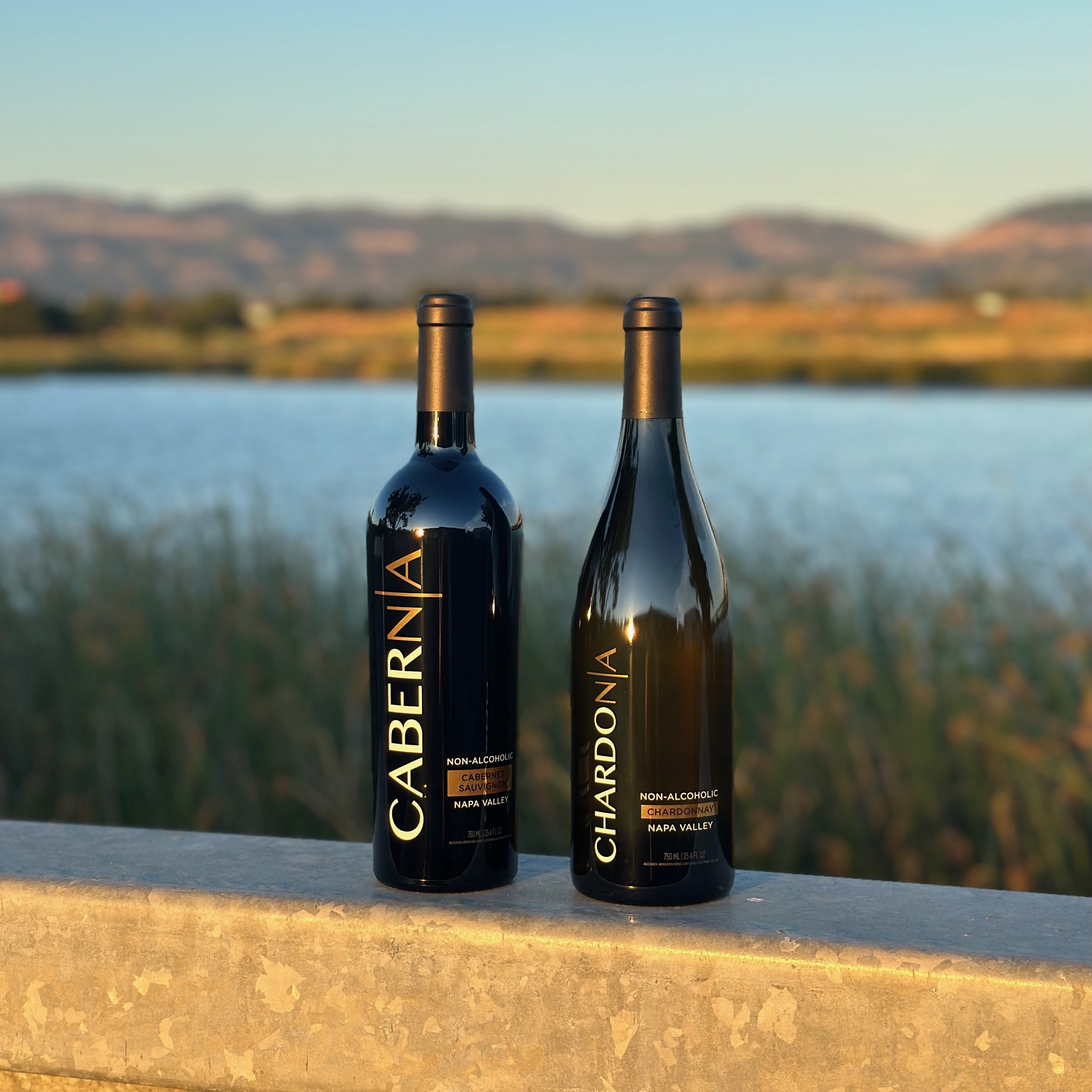 Two bottles of non-alcoholic Napa Valley wine sit on a ledge outdoors by a body of water.