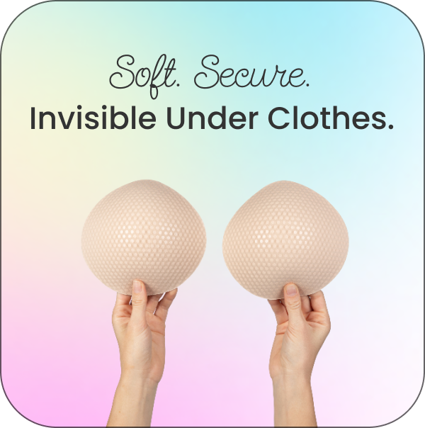 Two hands holding textured beige pads against a gradient background with text.