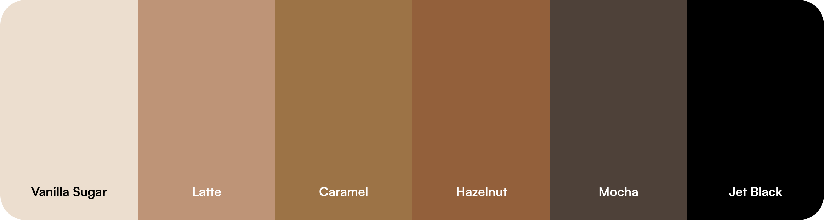 Bra insert color palette showing six inclusive shades: Vanilla Sugar, Latte, Caramel, Hazelnut, Mocha, and Jet Black