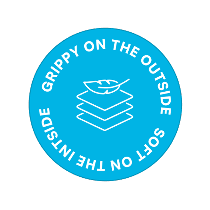 Blue circle with text and a leaf on layered squares icon.