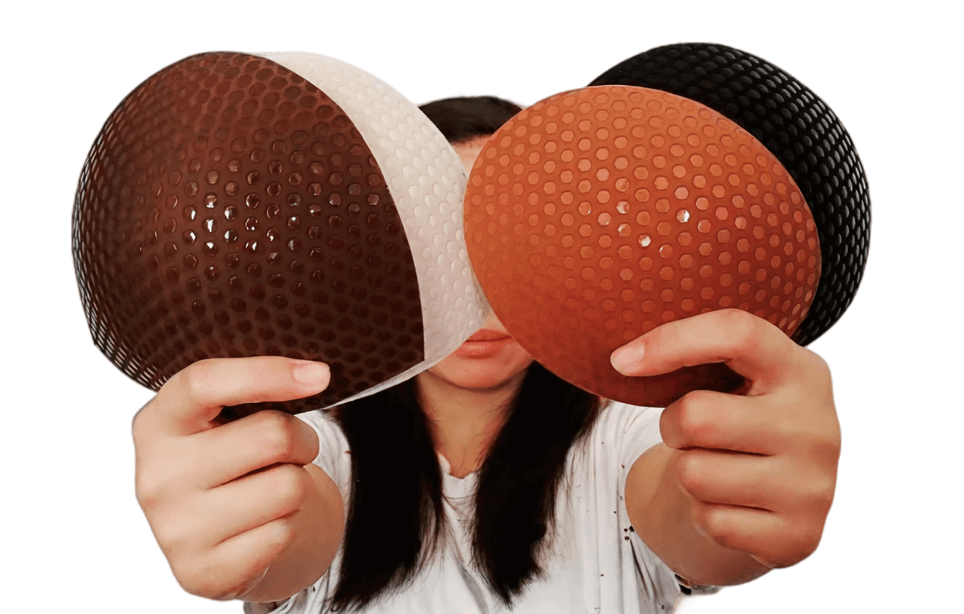 Woman holding different bra insert shades (Vanilla Sugar, Latte, Caramel, Hazelnut, Mocha, Jet Black) with text Find Your Perfect Shade Color Guide