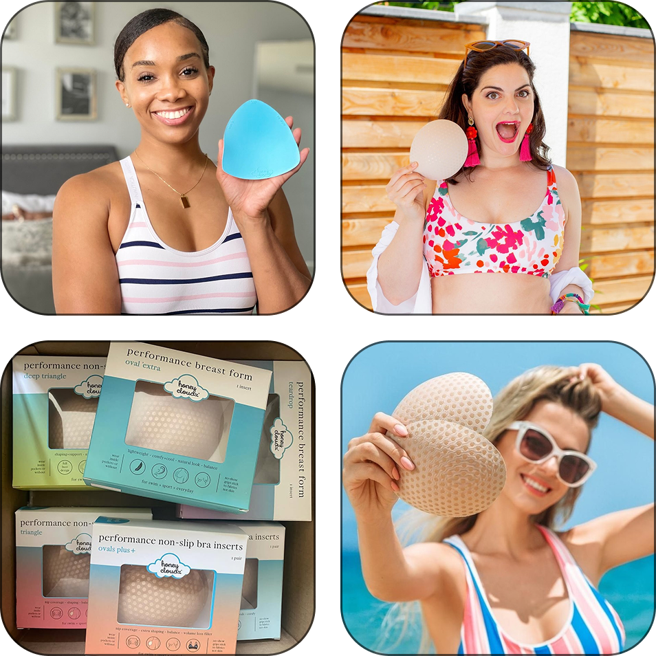 Collage of women holding breast forms and packaging of performance breast forms.