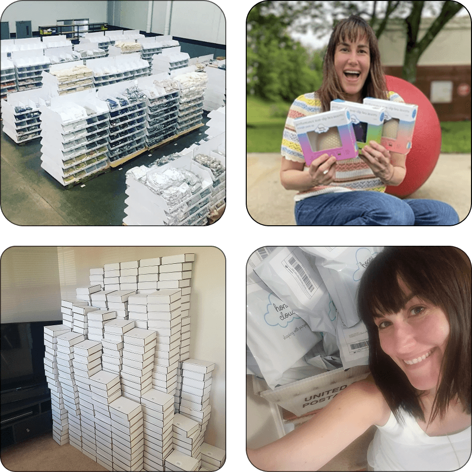 Collage of inventory, smiling woman, boxed items, and packaged parcels.