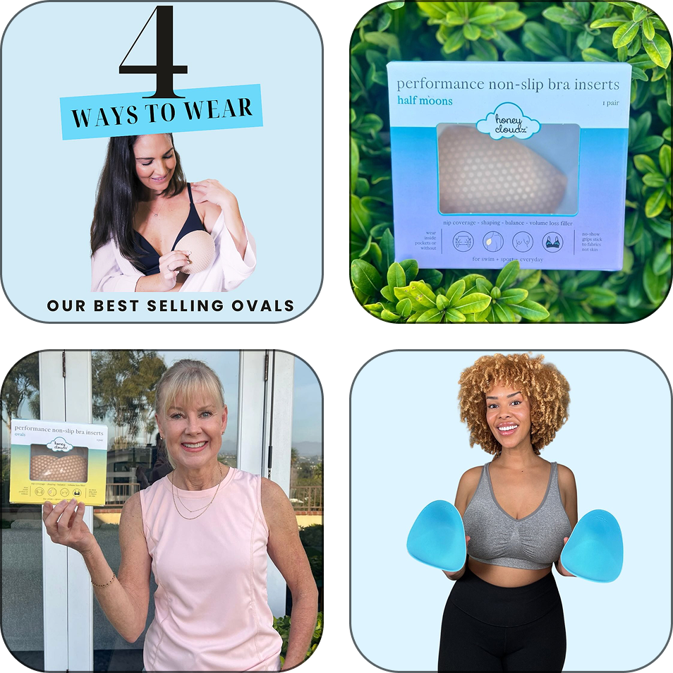Collage of women with bra inserts and packaging against blue and green backgrounds.