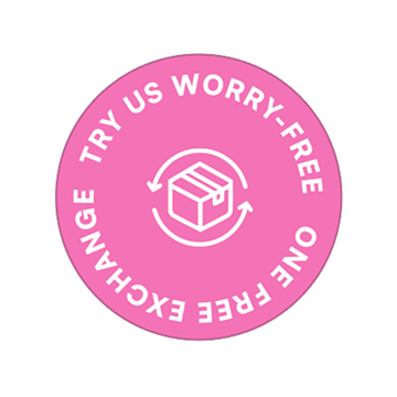 Pink circular badge with box icon and text around it.