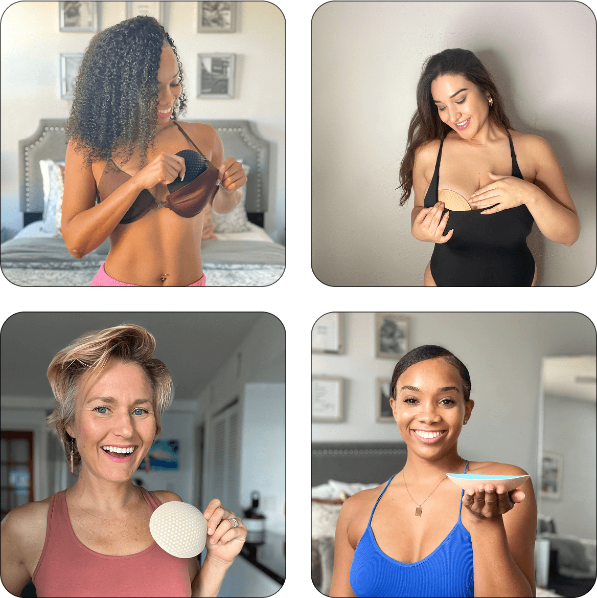 Woman inserting Honey Cloudz bra pad into brown bra, showing how inserts stay in place
