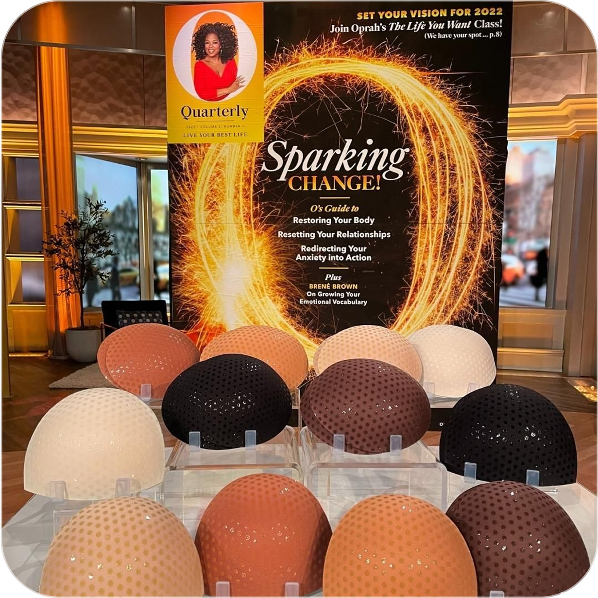 Display of Honey Cloudz bra inserts in multiple skin tones featured on Oprah Daily magazine cover, Female Founder Special.