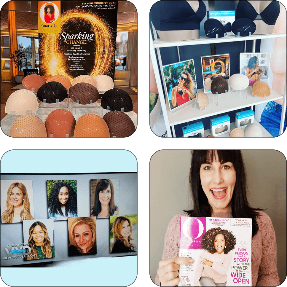 Collage of hair accessories, display stands, magazine cover, and portraits of women.