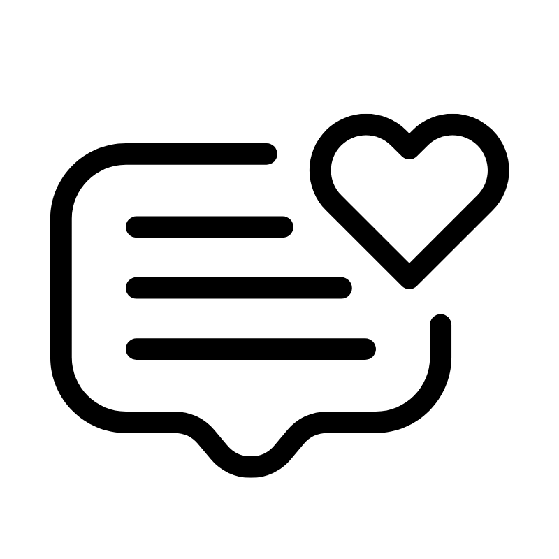 A speech bubble with lines and a heart icon inside.