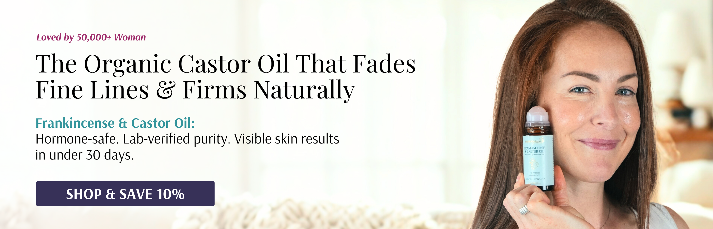 Woman holding a bottle of organic castor oil with promotional text.