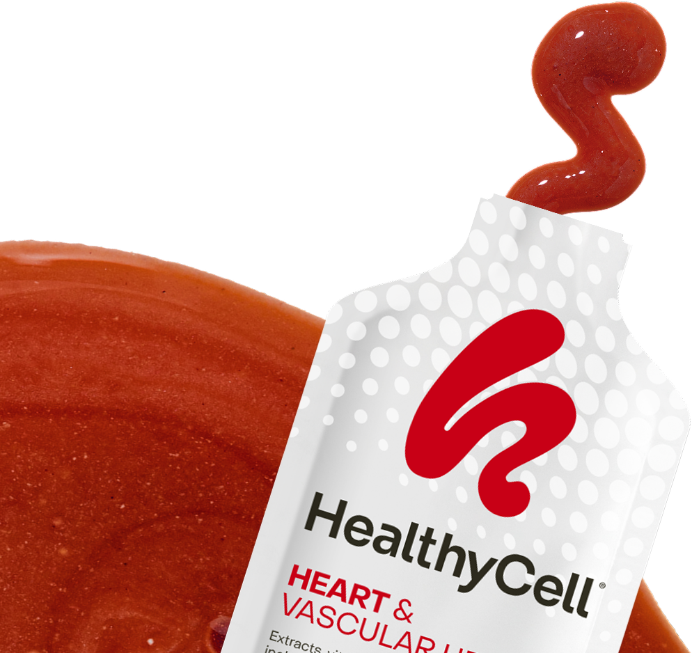 A pouch labeled 'HealthyCell Heart & Vascular Health' with red liquid oozing out.