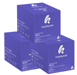 Three stacked purple boxes labeled 'HealthyCell Bioactive Multi.'