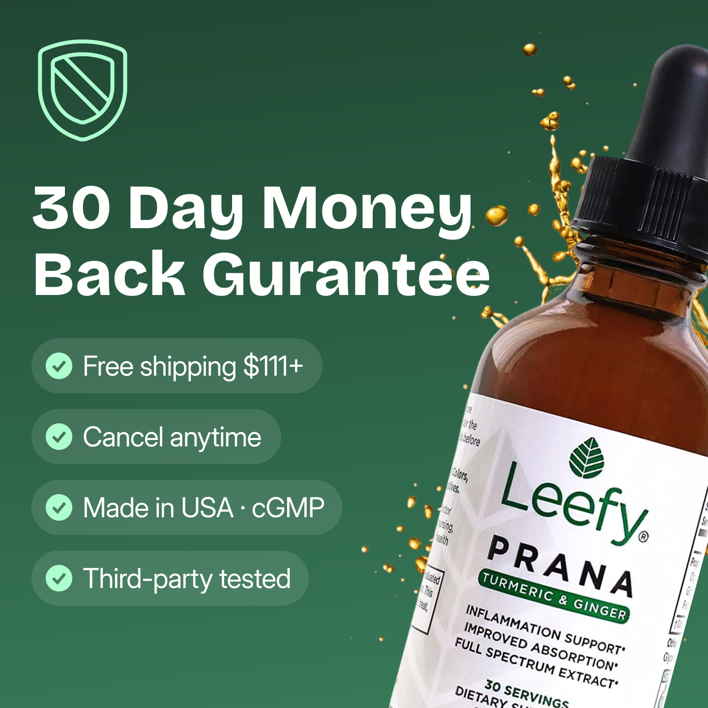 An advertisement for Leefy Prana Turmeric & Ginger, highlighting a 30-day money-back guarantee and other benefits.