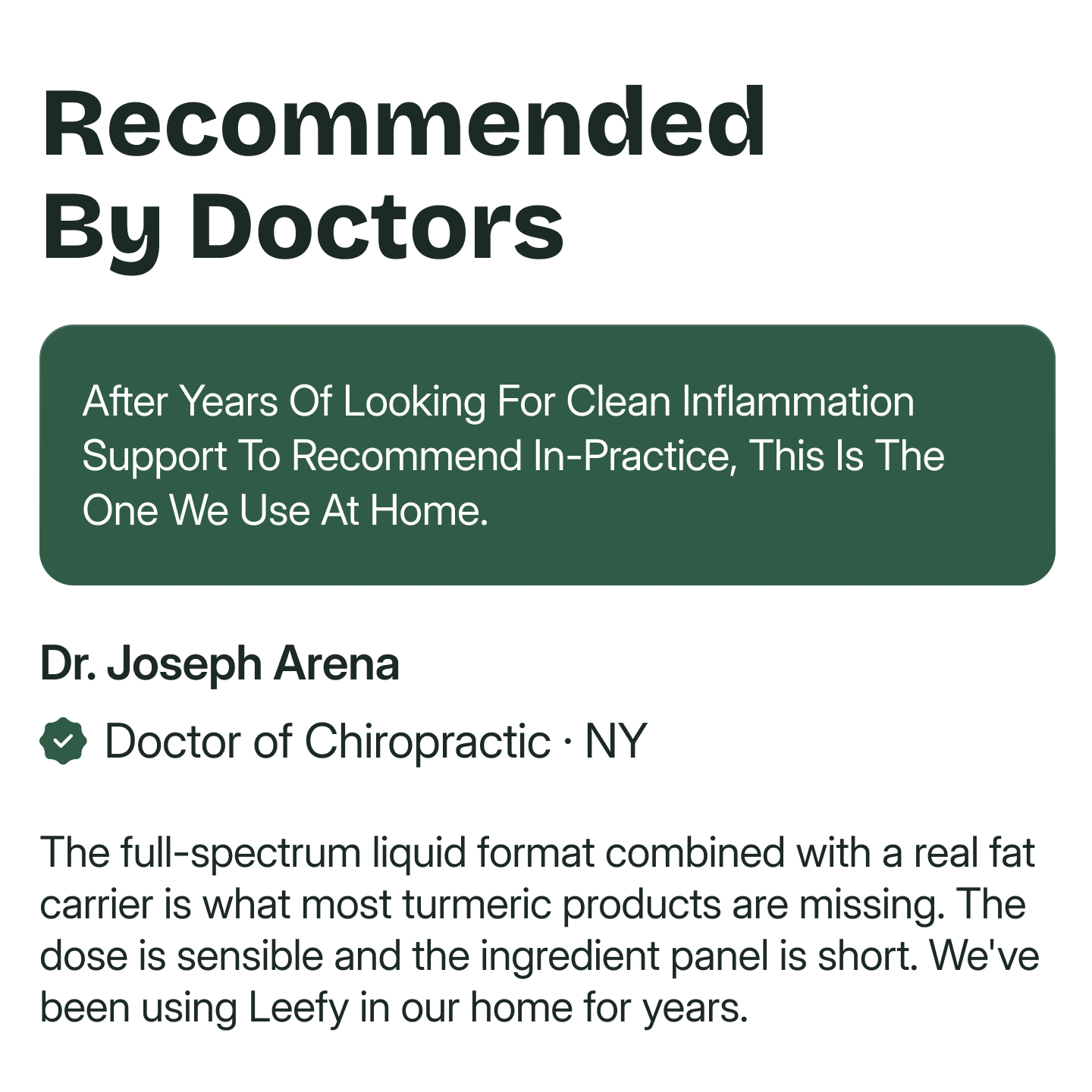 A testimonial from Dr. Joseph Arena, Doctor of Chiropractic, with the heading 'Recommended By Doctors'.