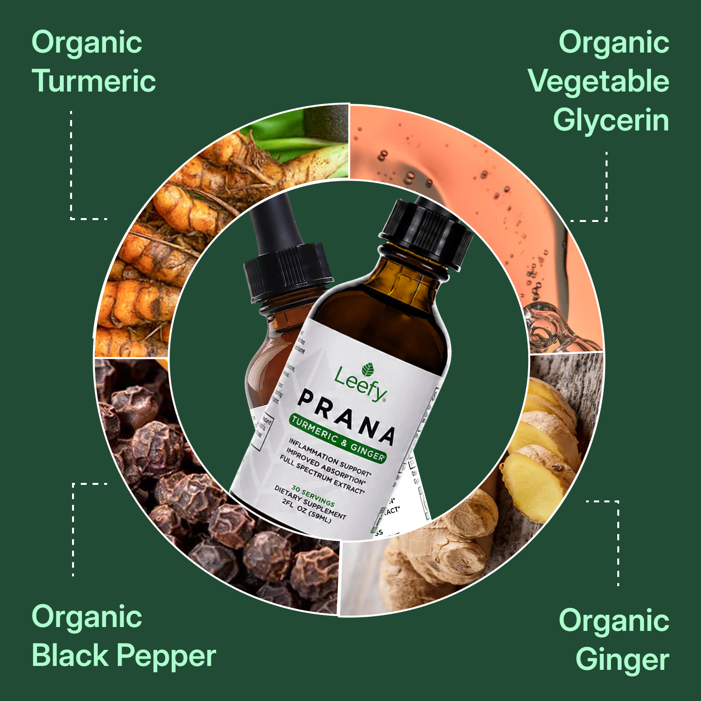 A bottle of Leefy Prana supplement surrounded by its ingredients: turmeric, vegetable glycerin, ginger, and black pepper.