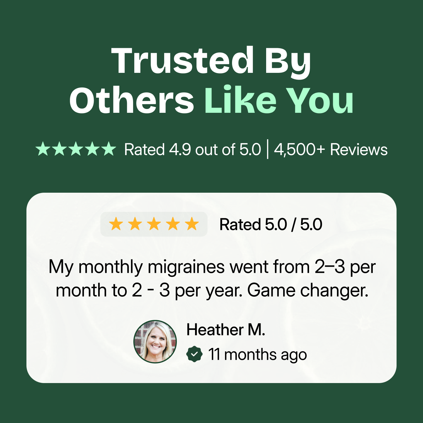 A customer testimonial from Heather M. with a 5-star rating for a product that helped her migraines.