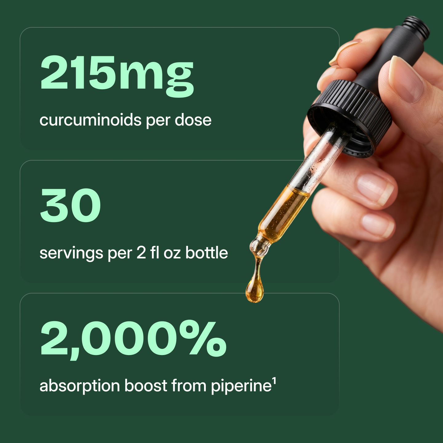 A hand holding a dropper with a golden liquid next to text outlining product benefits against a green background.