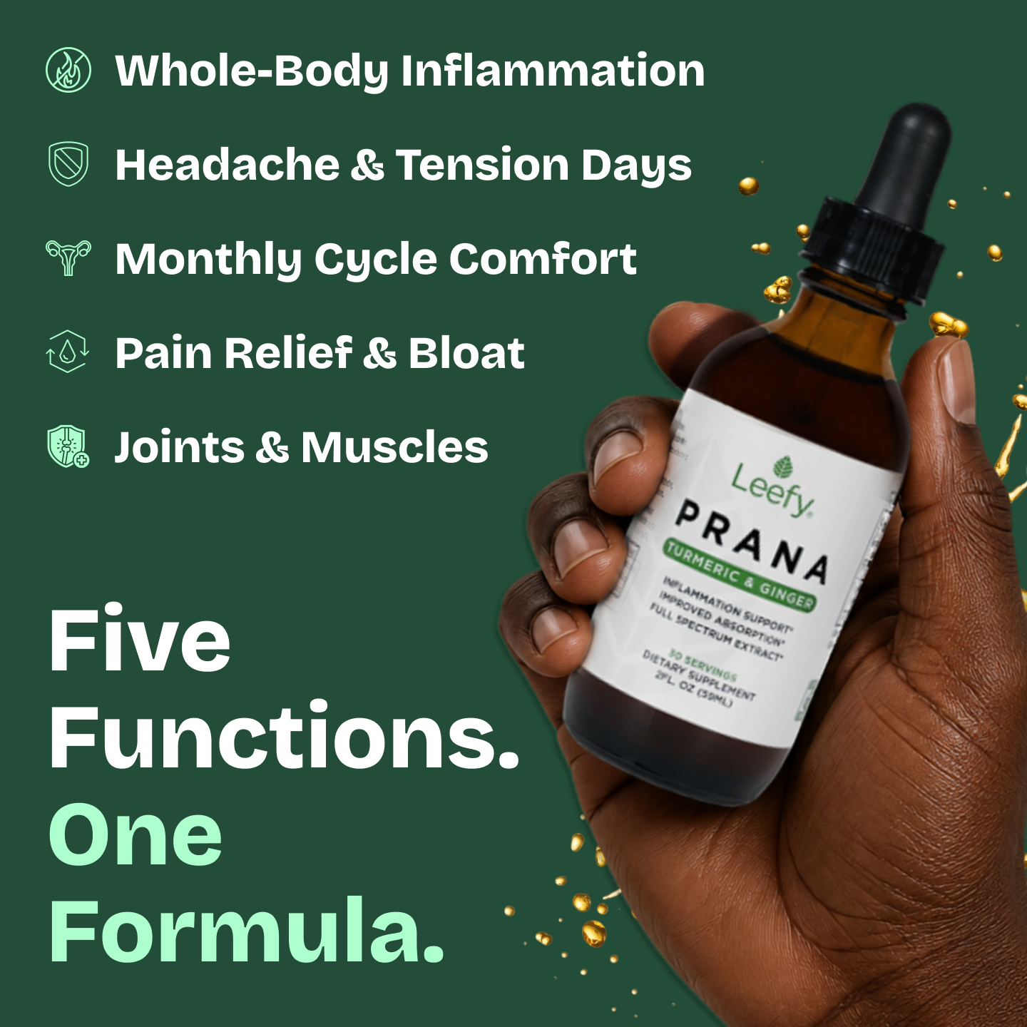 A hand holds a bottle of Leefy Prana Turmeric & Ginger supplement next to a list of benefits.