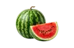 A whole watermelon with a large slice cut from it, showing the red flesh and black seeds.