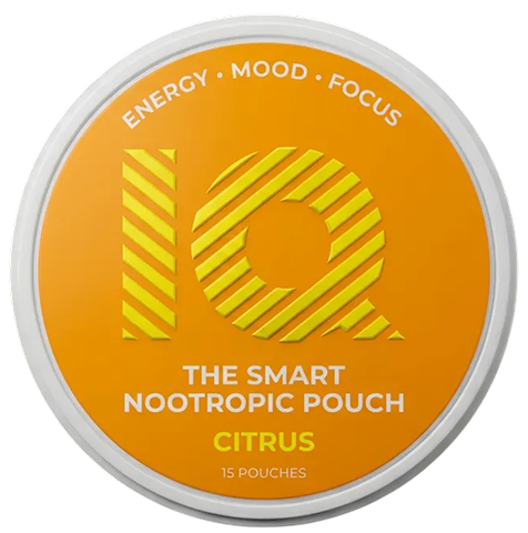A circular white tin of IQ The Smart Nootropic Pouch, Citrus flavor, with an orange label.