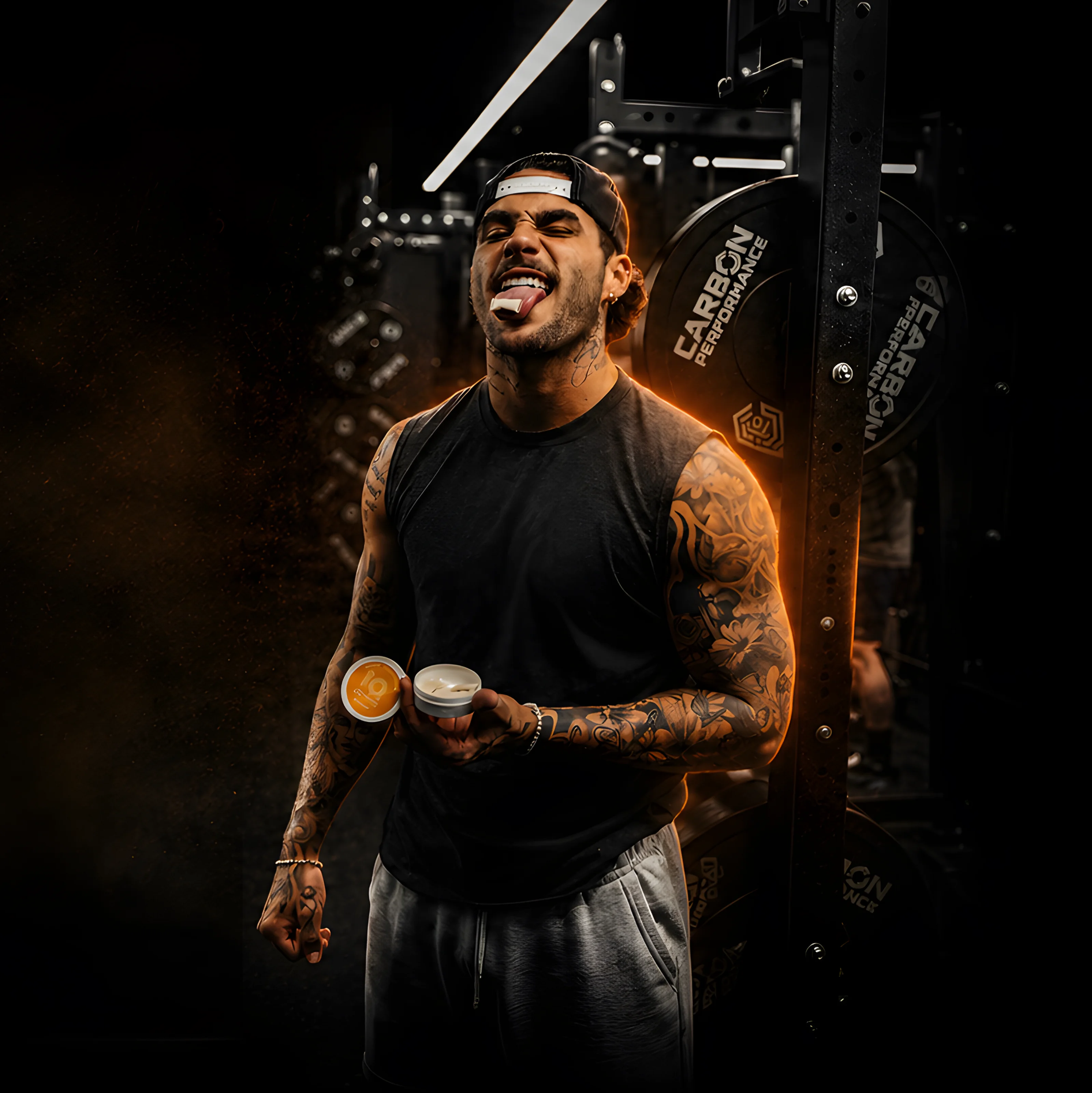 A tattooed man in a gym holds a small open jar, sticking his tongue out with something on it.
