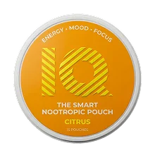 A round, white tin of IQ The Smart Nootropic Pouch in citrus flavor against a white background.