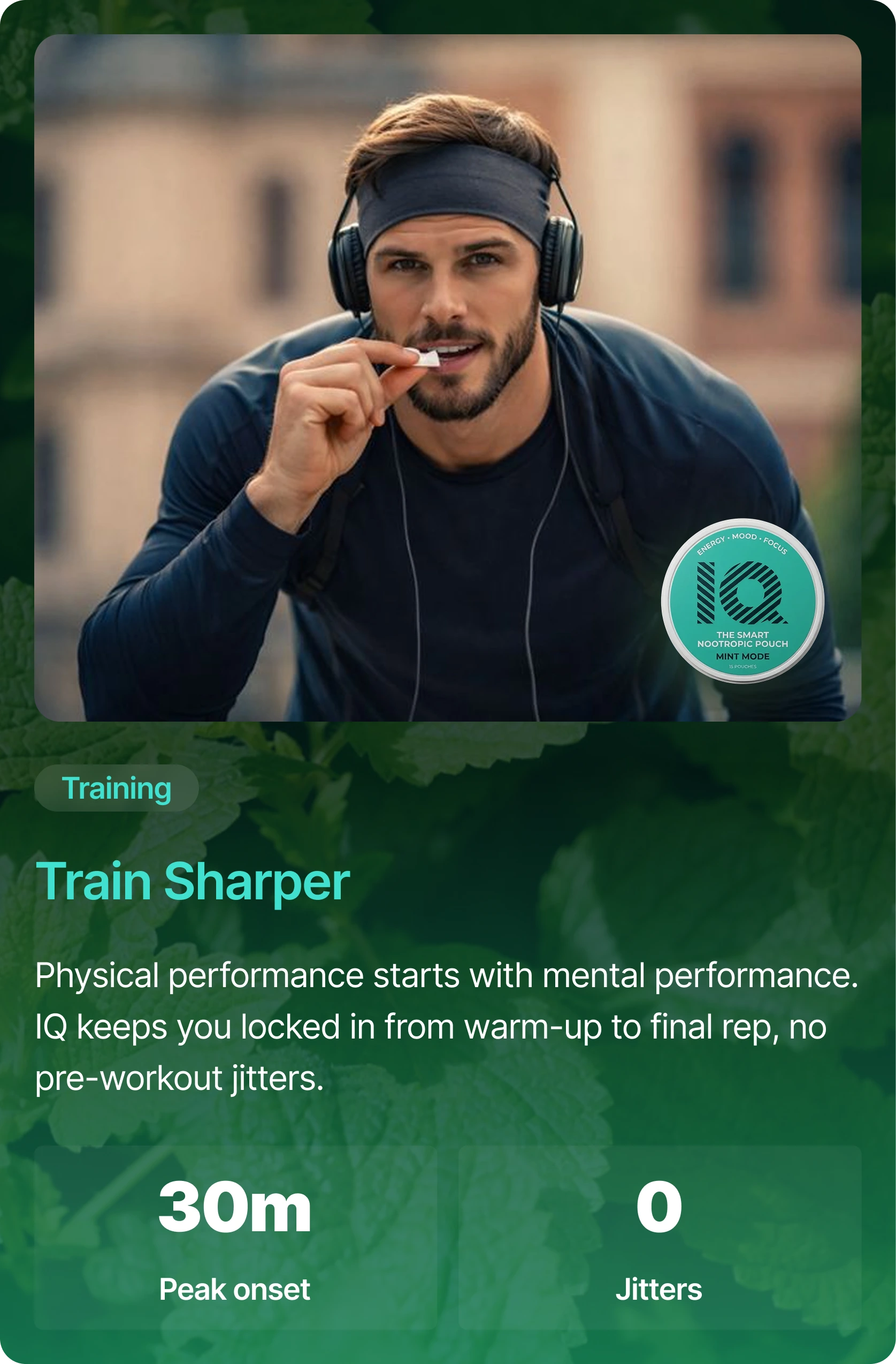 A man in workout gear and headphones puts a small white nootropic pouch into his mouth.