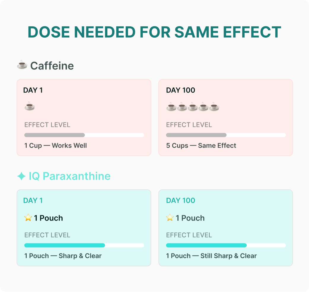 An infographic comparing the dosage effect of Caffeine versus IQ Paraxanthine on day 1 and day 100.