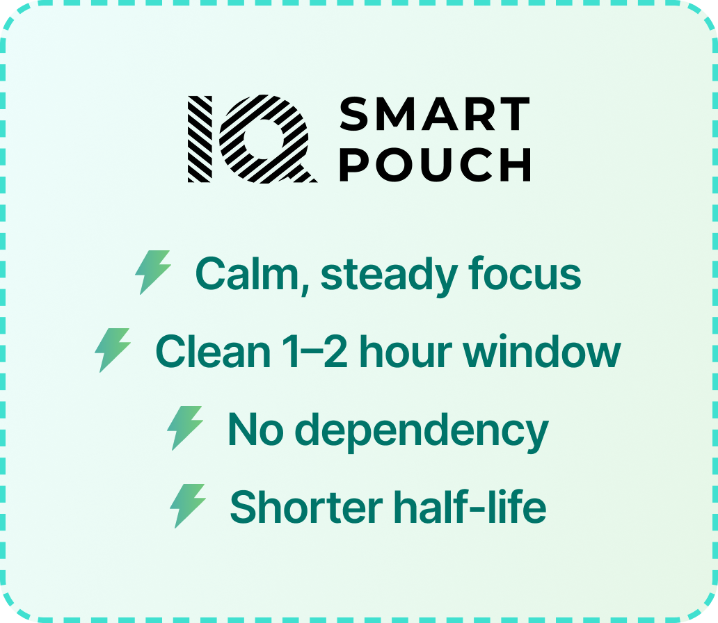 An infographic for IQ Smart Pouch listing benefits including calm focus and no dependency.