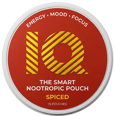 A red and white circular tin of IQ The Smart Nootropic Pouch, Spiced flavor, containing 15 pouches.